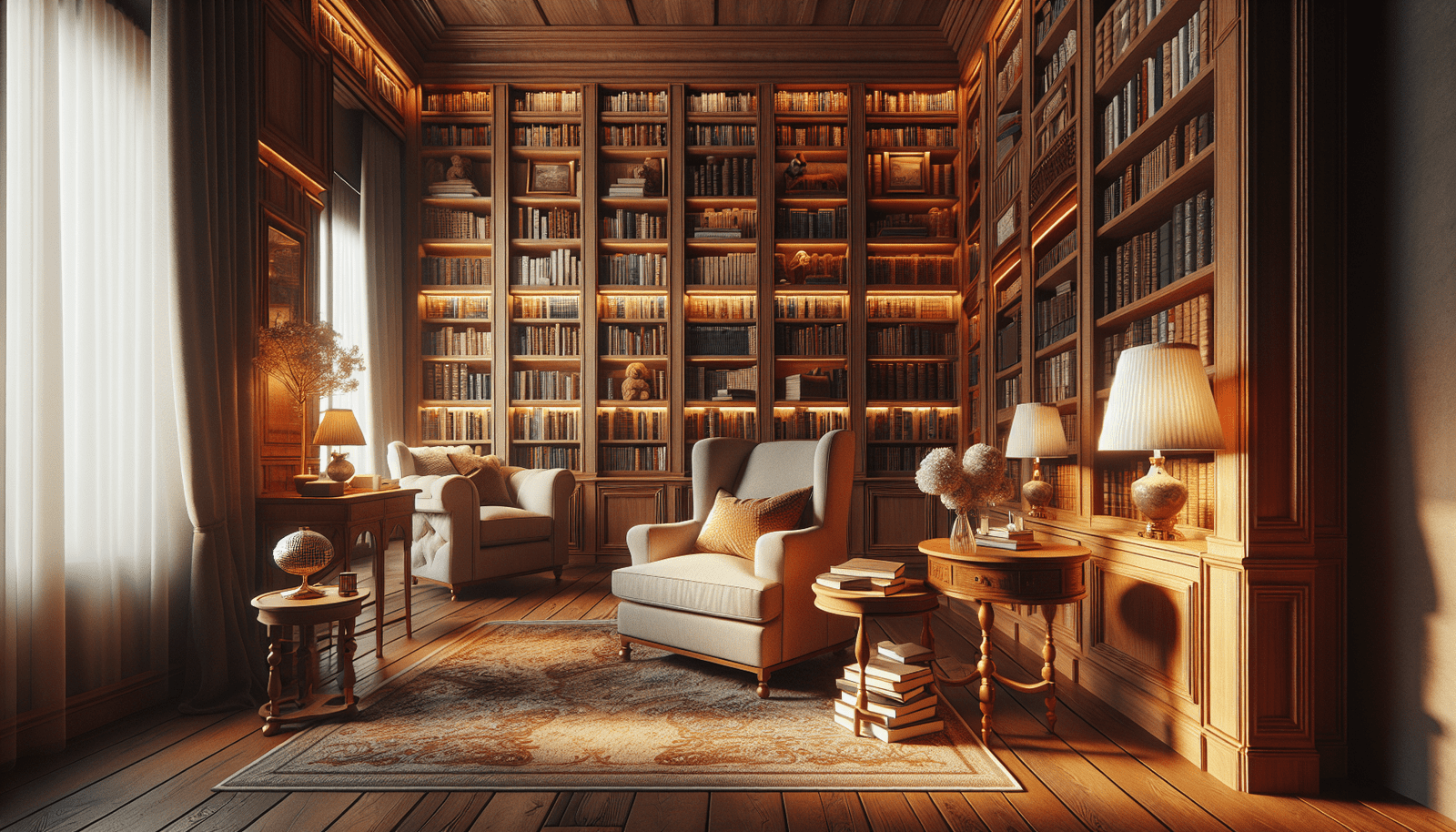 the elegance of a warm wood toned home library